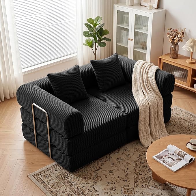 Convertible Compressed Corduroy Folding Cloud Sofa Bed, 59'' Modern Boneless Pull Out Loveseat Sleeper in a Box, 5 in 1 Floor Mattress Futon Cloud Couch, No Assembly Needed, Black, 2 Pillows, Queen