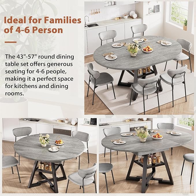Round Dining Table Kitchen Dining Room Dinner Table for 4-6, Space Saving Extendable Oval Circle Furniture with Pedestal Base and Storage Shelf for Kitchen Living Room (Grey, for 4-6)