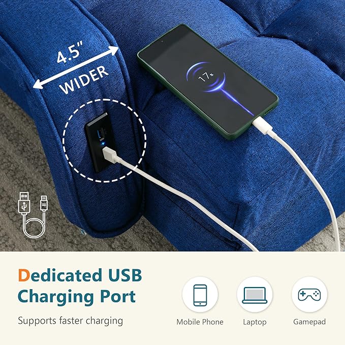 STHOUYN Comfy Bedroom Chair with 2 USB Charging Ports, 5-Position Floor Couch Gaming Chairs for Adults, Lounge Chair Indoor Folding Lazy Sofa Meditation Arm Dorm Chair Living Room (Navy Blue)
