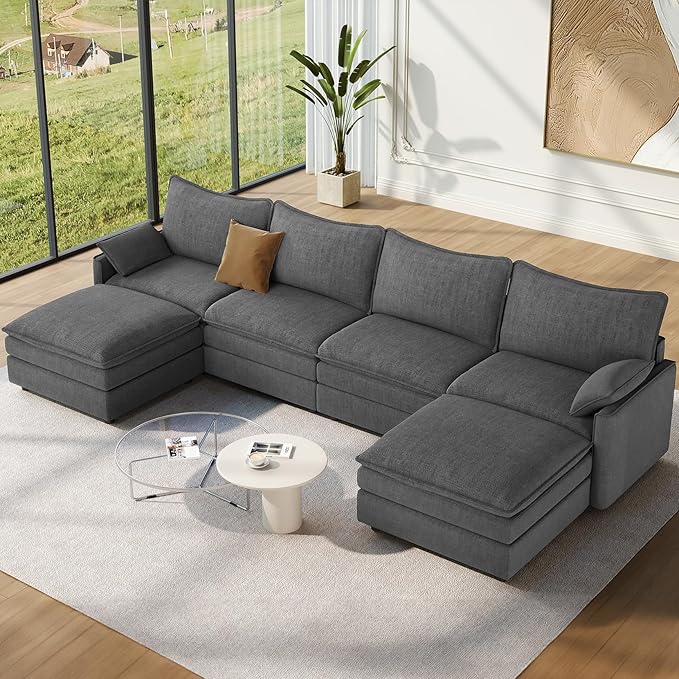 Vesgantti 142" U Shaped Sectional Couch, Comfy Cloud Modular Sectional Sofa with 2 Ottoman Deep Seat Chenille Modern Cloud Sofa, Modular Sofas for Living Room, Bedroom and Apartment, Gray | Sink-in Comfort, Height Adjustable, Easy Rearrangement, Extra-...