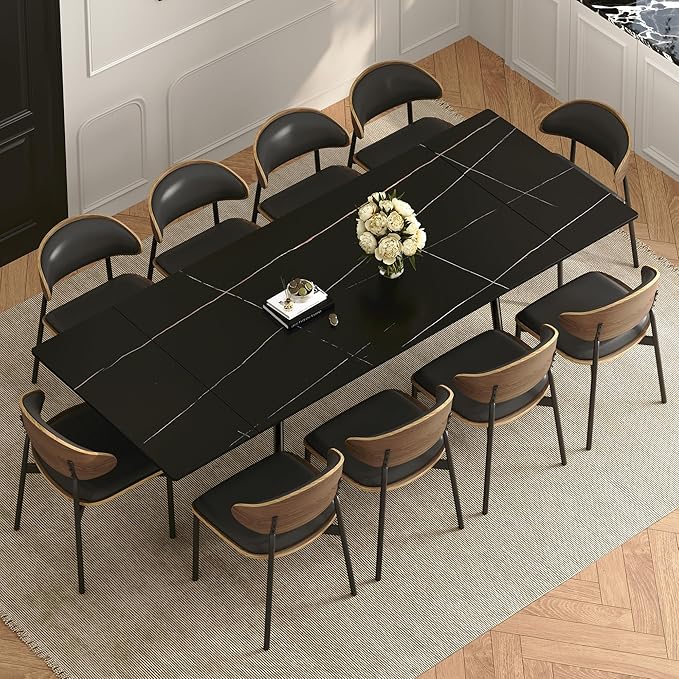 62.9"-94.4" Modern Extendable Dining Table for 6 to 10 Seats, Rectangular Sintered Stone Table with High Hardness and Easy Maintenance for Dining Room Family Gathering, Black Top