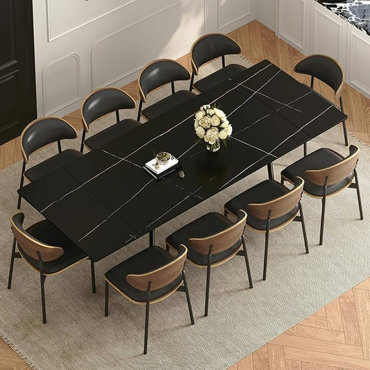62.9"-94.4" Modern Extendable Dining Table for 6 to 10 Seats, Rectangular Sintered Stone Table with High Hardness and Easy Maintenance for Dining Room Family Gathering, Black Top