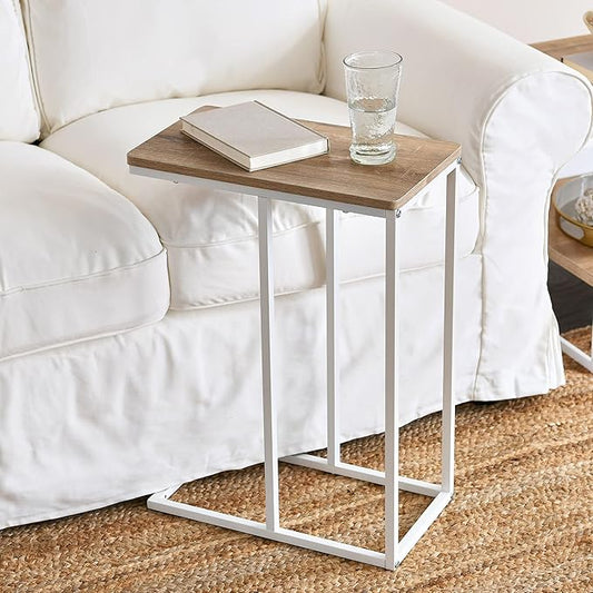 Household Essentials Jamestown C-Shaped Side End Table Coastal Oak Rustic Wood Grain and White Metal