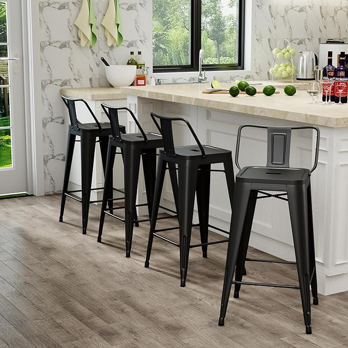 Tongli Metal Bar Stools Set of 4 Barstools Counter Height Bar Stools with Back Industrial Matte Black Bar Stool Indoor Counter Stool Kitchen Island Stools Modern Bar Chair 24 inch