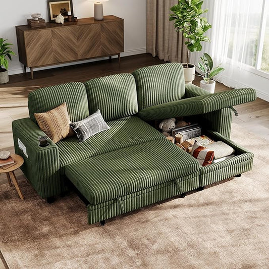 LINSY HOME Sectional Sleeper Sofa Pull Out Couches for Living Room (Green, Sleeper Sofa 1) | Pull Out Sofa Bed, Storage, USB Charging, Cup Holders, Plush Corduroy | Pull Out Sofa Bed, Storage, USB Charging, Cup Holders, Plush Corduroy, Convertible Sofa...