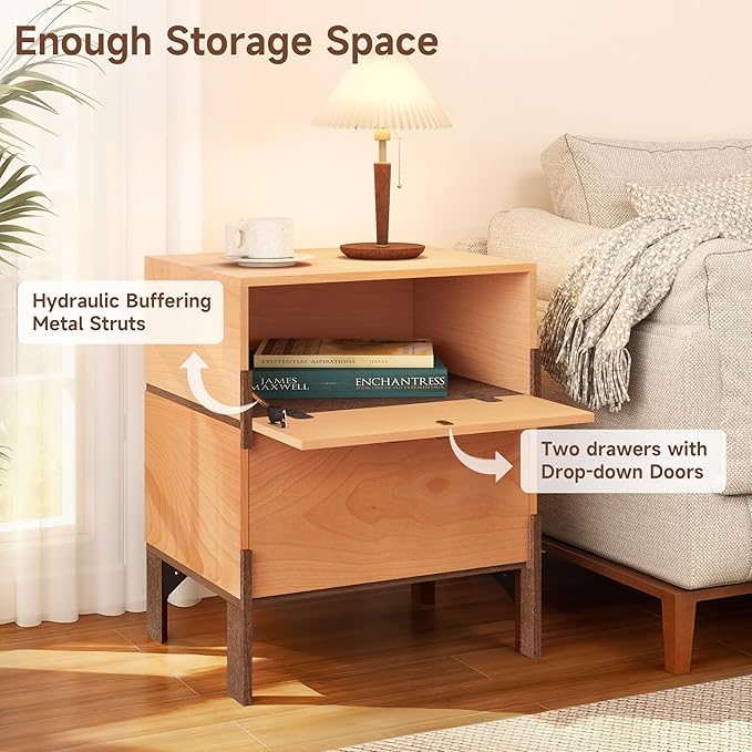 23" Night Stand, Easy Assembly Bedside Table with 2 Storage Drawers, Mid-Century Style Wood End Table for Bedroom, Dormitory, Beech and Basswood Color Combo (1 pcs)