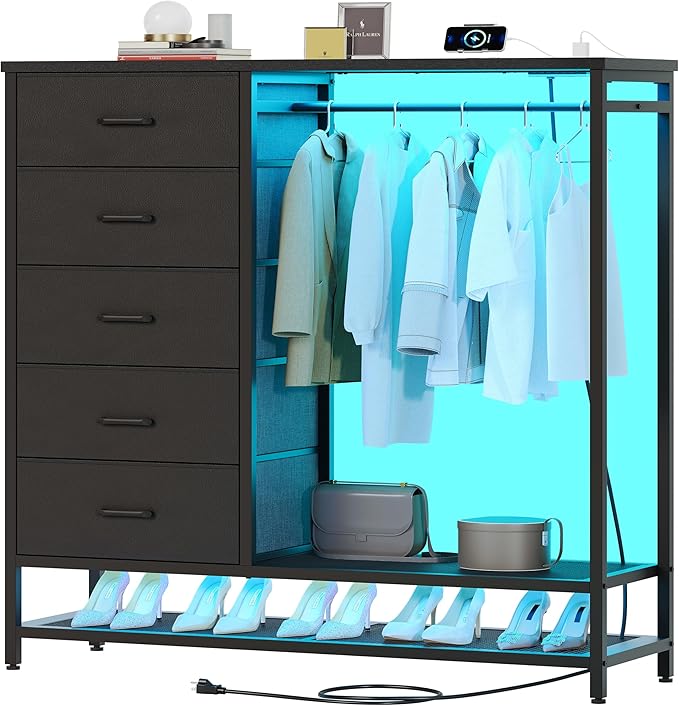 Dresser for Bedroom, Dresser with Hanging Rack Led Lights and Charging Station, Black Bedroom Dresser with 5 Fabric Chest of Drawers with PU Finish Storage Organizer, for Living Room Hallway, Black