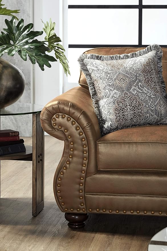 Leinster Faux Leather Loveseat with Antique Bronze Nailheads in Jetson Ginger