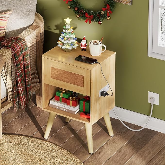 WLIVE Rattan Nightstand with Charging Station, Boho Night Stand, Small Bedroom Side Table, End Table with Drawer and Storage, Wood Bedside Tables for Bedroom, Small Spaces, Natural Oak
