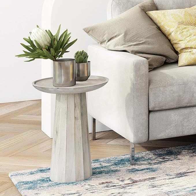 SIMPLIHOME Dayton End Table - 13 inch Wide Solid Mango Wood Round Accent Table in White Wash, Handcrafted Contemporary Nightstand or Lamp Stand for Living Room with Textured Finish, Assembled
