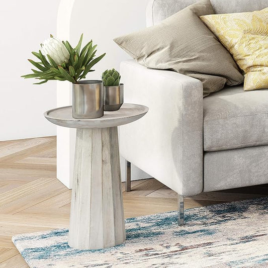 SIMPLIHOME Dayton End Table - 13 inch Wide Solid Mango Wood Round Accent Table in White Wash, Handcrafted Contemporary Nightstand or Lamp Stand for Living Room with Textured Finish, Assembled