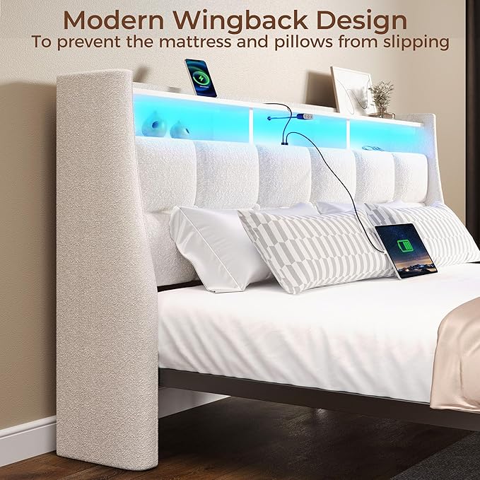 Rolanstar Full Size Bed Frame with LED Lights and Charging Station, Upholstered Headboard with 2-Tier Storage Shelves, Heavy Duty Metal Frame, Noise-Free Support, Easy Assembly, No Box Spring Needed