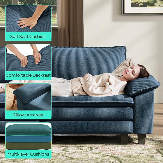 LINSY HOME 90'' Cloud Loveseat Sofa, Modular Sectional Couches Corduroy Cloud Couch Soft Modern Comfy Love Seat Sofa Set for Living Room Apartment Office, Blue