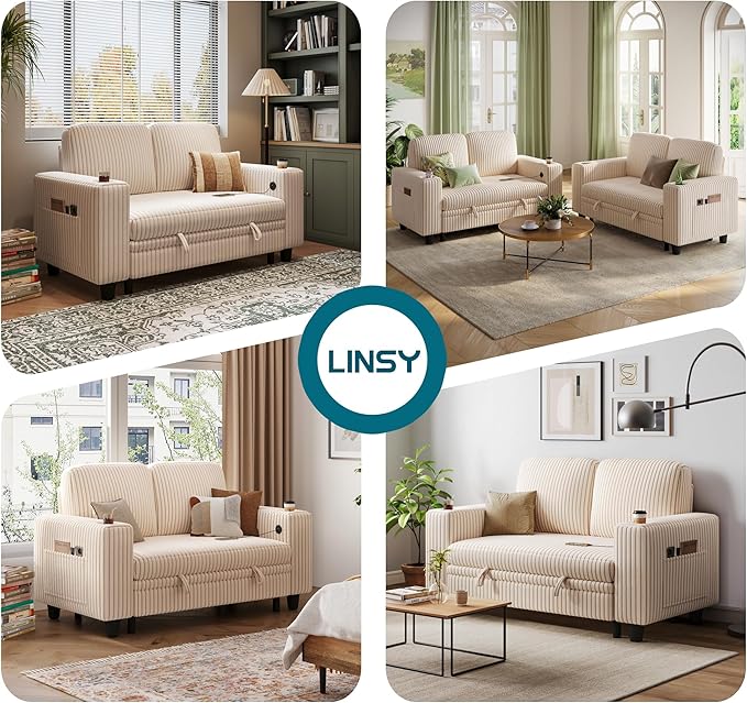 LINSY HOME Sectional Sleeper Sofa Bed, Corduroy Pull Out Couch for Living Room (Beige,Small Couch)|USB Ports, Cup Holder, Side Pocket|2 Seater Convertible Sofa Bed| Apartment Guest Room, Loveseat | Plush Corduroy