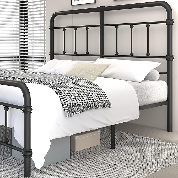 King-Size-Bed-Frame and headboard Giselle-Vintage Antique-Metal - Iron Platform Mattress Foundation,49 inch High,No Box Spring Needed(Black)