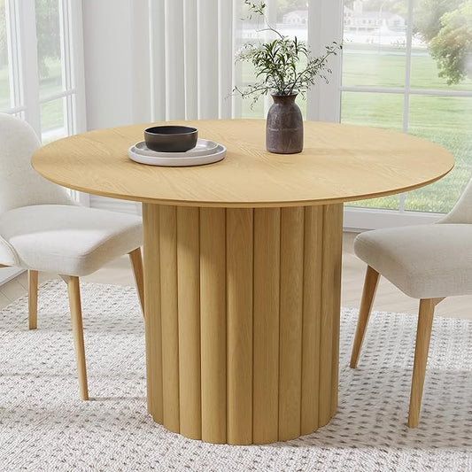 Casaphoria 46" Round Dining Table, Modern Kitchen Table for 4-6, Undercut Edge Top & Cylinder Wide Strip Convex Leg, Farmhouse Dinner Table for Living Room, Kitchen, Bar, Easy Assembly, Oak