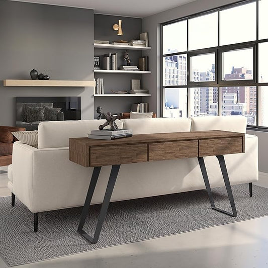 SIMPLIHOME Lowry SOLID ACACIA WOOD and Metal 60 Inch Wide Modern Industrial Console Sofa Table in Rustic Natural Aged Brown, For the Living Room, Entryway and Bedroom
