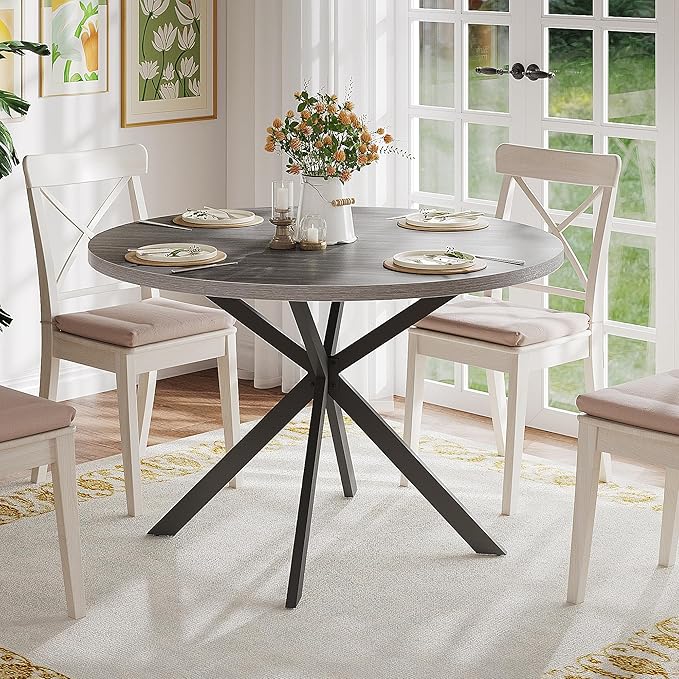 ChooChoo 47.2 Inch Round Dining Table for 4, Farmhouse Wood Kitchen Table, Circle Dinner Table for Kitchen & Dining Room, Grey
