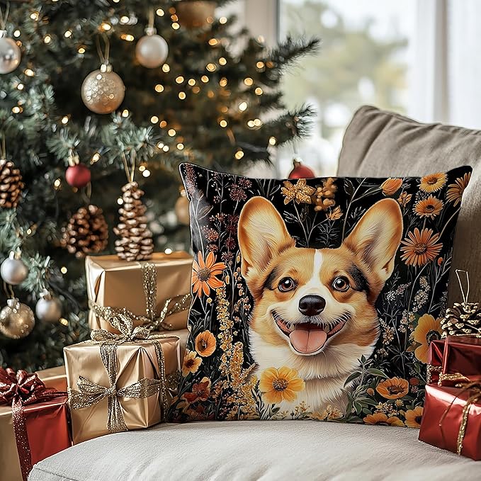 William Morris Inspired-Vintage Floral Corgi Pillow Covers 18x18, Corgi Lovers Mom Gifts, Moody Dark Cottagecore Botanical Corgy Dog Decorative Pillow Covers for Home Living Room Bedroom