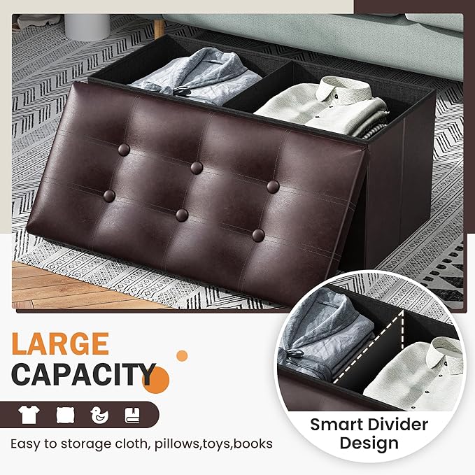 Youdesure Folding Storage Ottoman Bench, 30 inch Faux Leather Footrest Couch for Living Room, Storage Bench with Padded Seat for Bedroom Hallway, Holds up to 350lbs, Brown