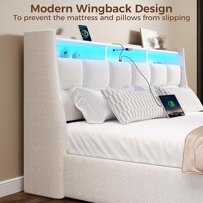 Rolanstar Queen Size Bed Frame with LED Lights and Charging Station, Upholstered Bed Storage Headboard & Drawers, Heavy Duty Wood Slats, Easy Assembly, White