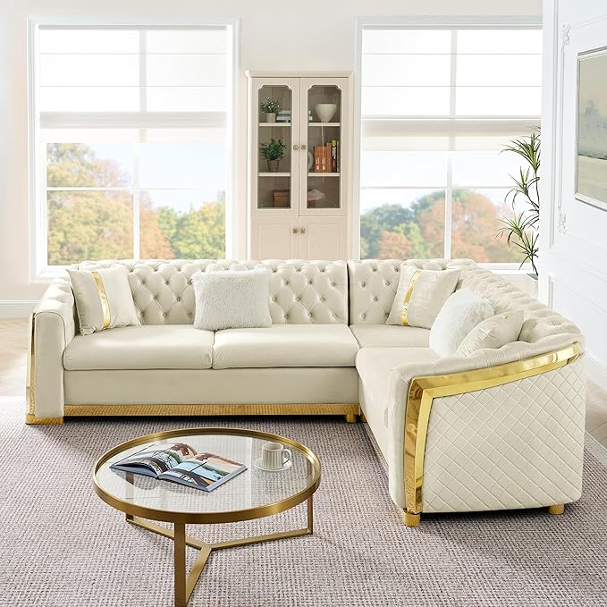 KEIKI 106" L-Shaped Luxury Velvet Chesterfield Sectional Sofa with Gold Stainless Steel Accents and 5 Pillows, Mid-Century Oversized 5-Seater Button Tufted Couch, Easy Assembly, for Living Room, Beige