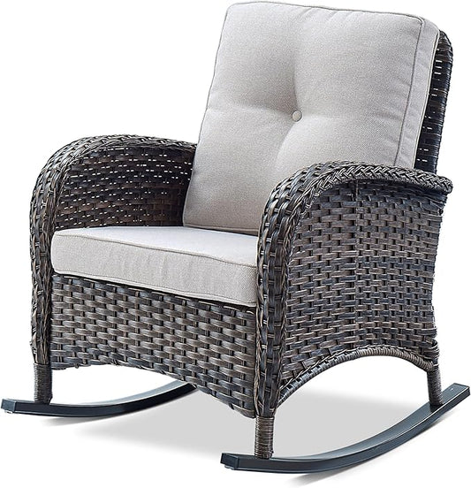 Belord Patio Rocking Chair Wicker Chair, 1 Piece Outdoor Rocking Chair Seating with Cushions for Porch Deck Balcony, Brown/Beige