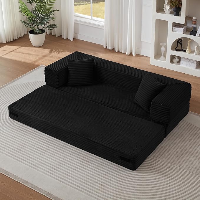 Ball & Cast Modern Upholstered Sofa with 2 Pillows,Boneless Corduroy Couch W/Deep Seat,Convertible Folding Sleeper Sofa Bed for Living Room,Bedroom,Apartment,No Assembly,Black,78"