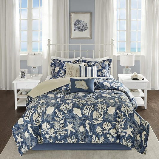 Madison Park 100% Cotton Comforter Set-Coastal Coral, Starfish Design All Season Down Alternative Cozy Bedding with Matching Shams, California King (104 in x 92 in), Blue 7 Piece