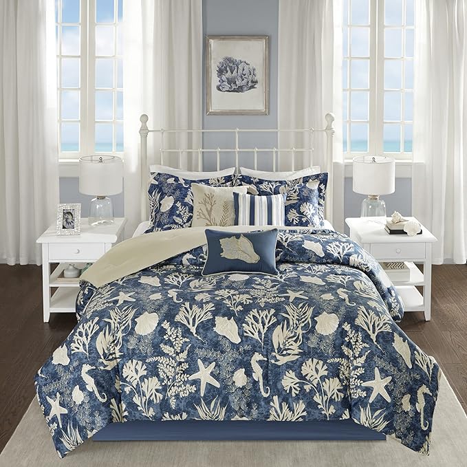 Madison Park 100% Cotton Comforter Set-Coastal Coral, Starfish Design All Season Down Alternative Cozy Bedding with Matching Shams, Decorative Pillow, King (104 in x 92 in), Cape Cod Navy 7pcs