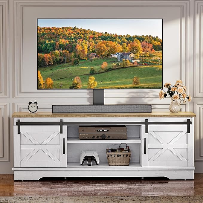 YITAHOME Farmhouse TV Stand with Mount, Television Stand Mount with 3 Height Adjustment for 32-70 inch TVs, Entertainment Center Media Console w/Sliding Barn Door for Living Room, Grey White/Grey Wash