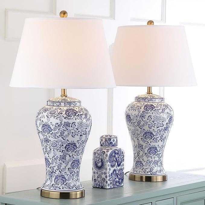 SAFAVIEH Lighting Collection – Spring Blossom Set of 2 Blue & White Floral Chinoiserie Table Lamps, 29-Inch Ceramic Lamps for Bedroom, Living Room, Home Office (LIT4170B-SET2)
