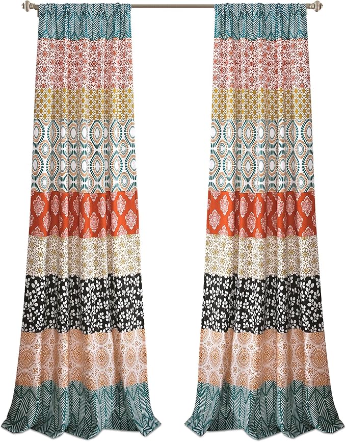 Lush Decor Bohemian Stripe Window Curtain Panels, Pair 52" W x 108" L Turquoise & Orange - Light Filtering Curtains for Bedroom - Boho Curtains - Maximalist Decor