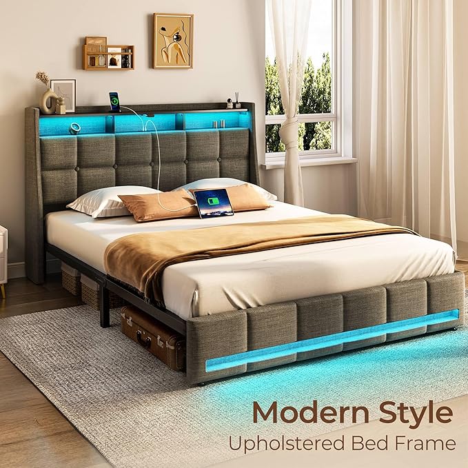 Rolanstar Full Size Bed Frame with LED Lights and Charging Station, Upholstered Headboard with 2-Tier Storage Shelves, Heavy Duty Metal Frame, Noise-Free Support, Easy Assembly, No Box Spring Needed