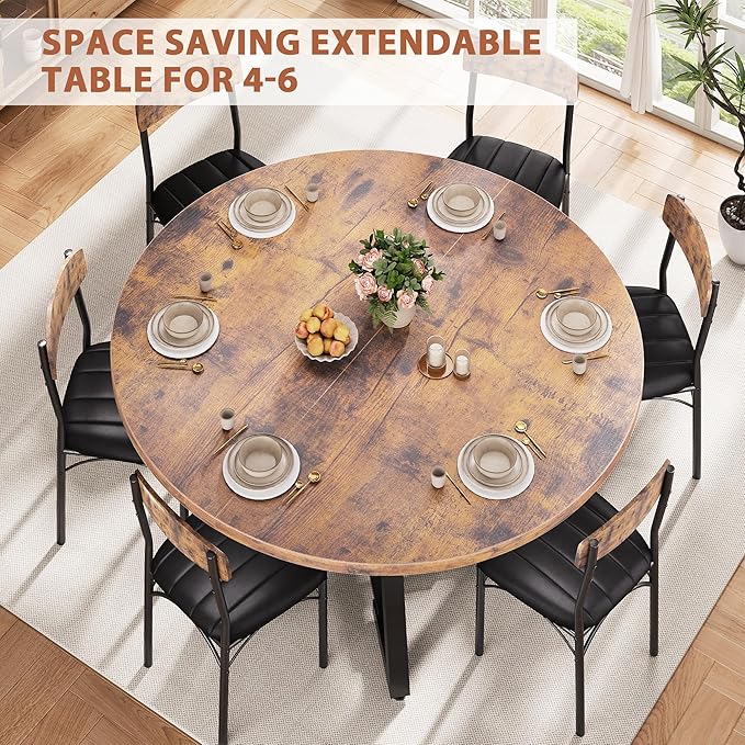 Round Dining Table Kitchen Dining Room Dinner Table for 4-6, Space Saving Extendable Oval Circle Furniture with Pedestal Base and Storage Shelf for Kitchen Living Room (Vintage, for 4-6)