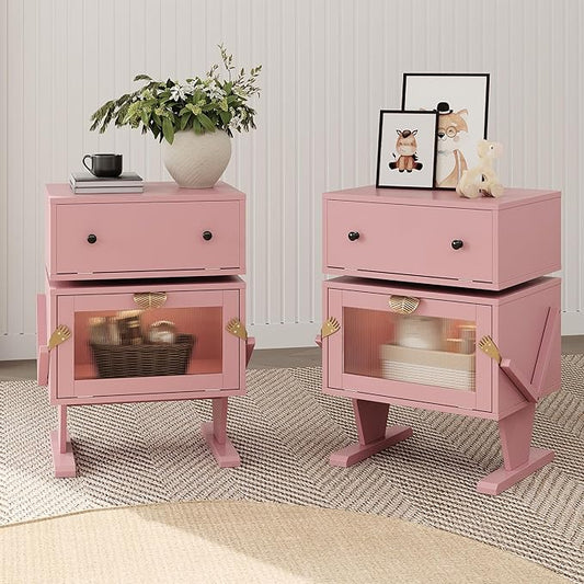 RoyalCraft Nightstands Set of 2 with LED Light Strips, Pink End Table with 360° Rotating Drawer, Modern Bedside Table with Glass Door Storage, Wood Night Stand Cabinet for Bedroom, Home Office, Pink