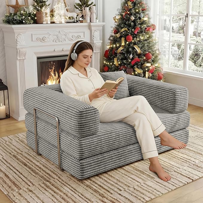 BSHOMGI 4 in 1 Futon Sofa Bed Queen Size - Foldable Convertible Sleeper Sofa Couch with L-Shaped Support, Removable Washable Floor Space Saving for Bedroom & Dorm (Light Gray, 53.15" Double Sofa)