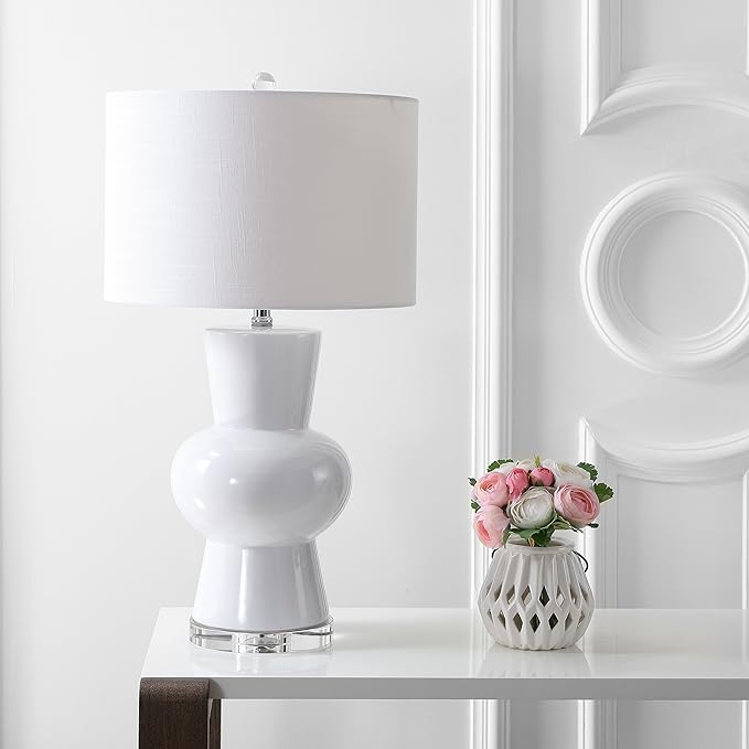 JONATHAN Y 28.5" White Ceramic Table Lamp for Living Room Bedroom Nightstand, Modern Hourglass LED Bedside Lamp with Crystal Base and Linen Shade JYL4027A