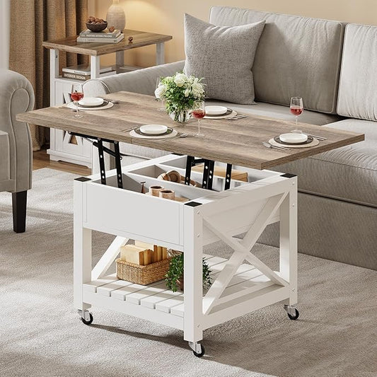 YITAHOME Lift Top Coffee Table with Wheels, Farmhouse Square Coffee Tables for Living Room, 2 Tier Small Coffee Table with Storage Compartment Rustic Wood Cocktail Table Dining Table, Grey Wash