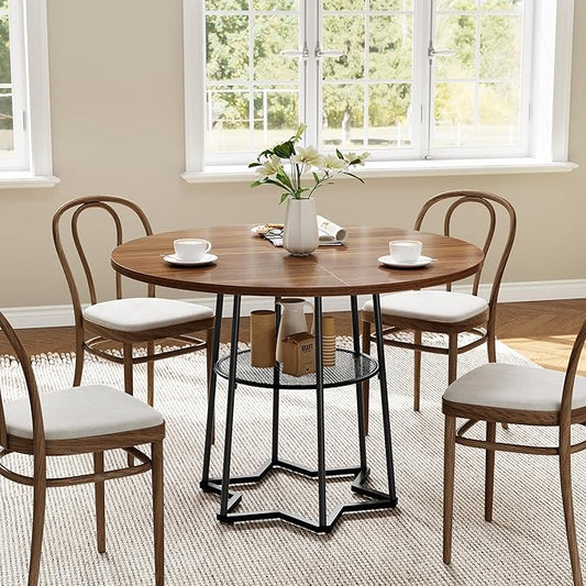 IDEALHOUSE Round Dining Table for 4, 38" Farmhouse Kitchen Table with 17.7" Storage, Small Circle Dinner Tables, Space Saving, Wood Kitchen & Dining Room Furniture for Dining Room, Apartmen, Brown
