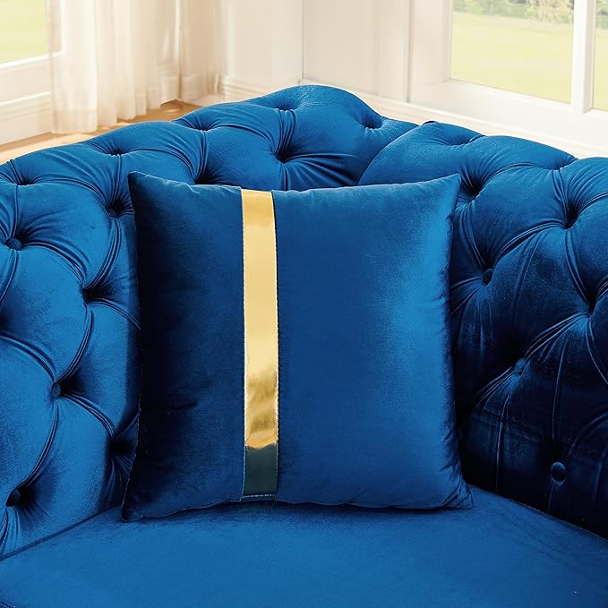 KEIKI 106" L-Shaped Luxury Velvet Chesterfield Sectional Sofa with Gold Stainless Steel Accents and 5 Pillows, Mid-Century Oversized 5-Seater Button Tufted Couch, Easy Assembly, for Living Room, Blue