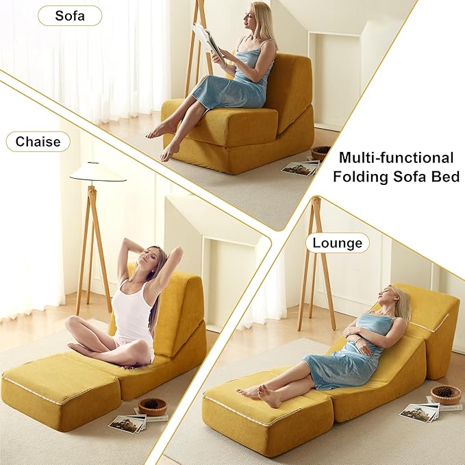 Swbvs Folding Sofa Bed, Single Chair Lounger with Back Support, Multi-Functional Floor Sofa for Living Room, Bedroom, or Small Spaces, Yellow Corduroy Fabric, Compact & Comfortable Design