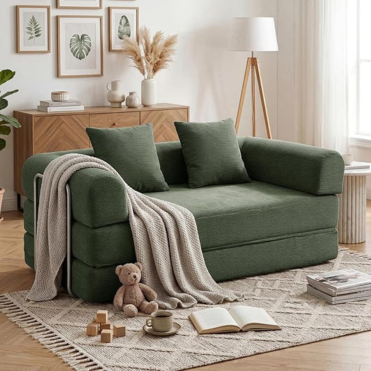 59'' Convertible Compressed Corduroy Folding Cloud Sofa Bed, Modern Boneless Pull Out Loveseat Sleeper in a Box, 4 in 1 Floor Mattress Futon Cloud Couch, No Assembly Needed, Green, 2 Pillows, Queen