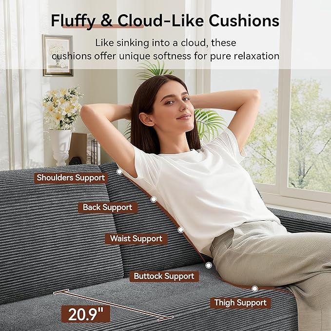 Vipbear 65.4" Loveseat Sofa Grey Corduroy Couch, Mid-Century Modern Small Couches for Living Room, Bedroom, Office, Comfy Sofa with Spring Cushion, Solid Wood Frame, Tool-Free Assembly