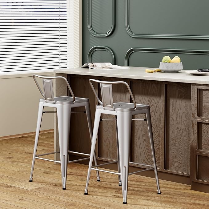 Tongli Metal Bar Stools Set of 2 Counter Stools Metal Bar Chairs Stools Counter Height Barstools Indoor Outdoor (Silver, 2PCS-24)