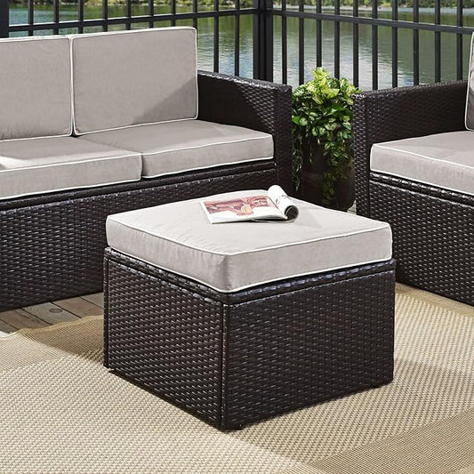 Crosley Furniture Palm Harbor Wicker Outdoor Ottoman Foot Rest for Patio, Deck, Porch, Brown with Gray Cushions