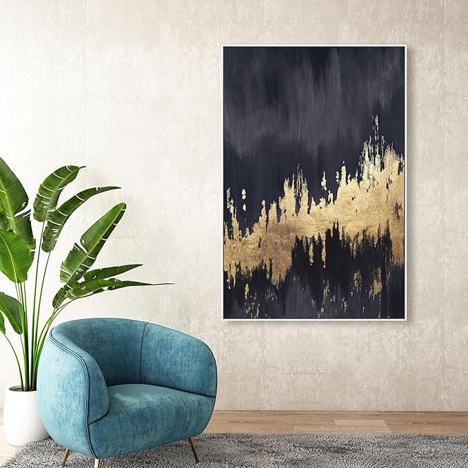 The Oliver Gal Artist Co. Abstract Wall Art Framed Canvas Prints 'Late Night Sky' Brush Strokes Home Décor, 36" x 54", Black, Gold
