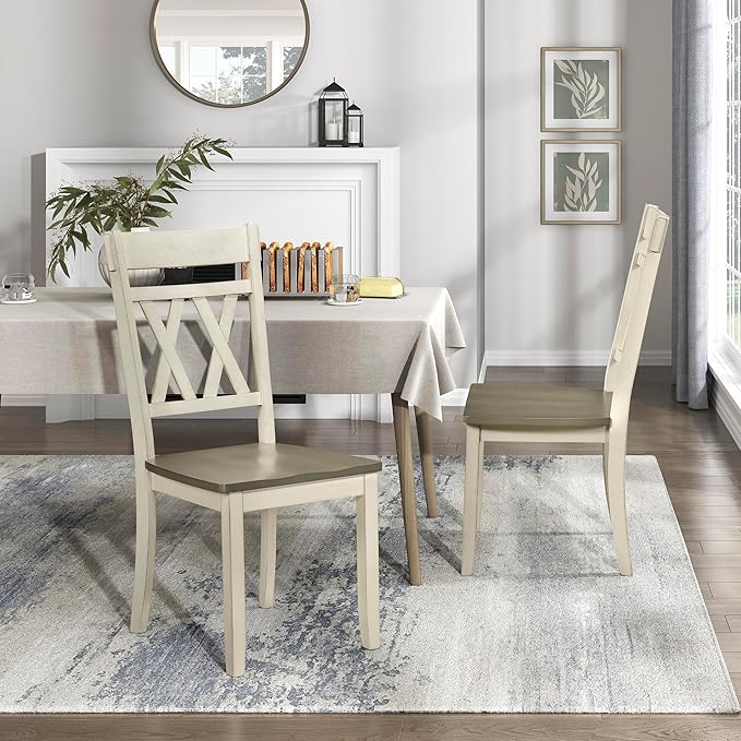 Lexicon Farmhouse Wood Dining Chair, Set of 2, Double Cross Back, Rustic Armless Chairs, Kitchen and Dining Room Furniture, Two-Tone Finish (Greywash and Antique White)