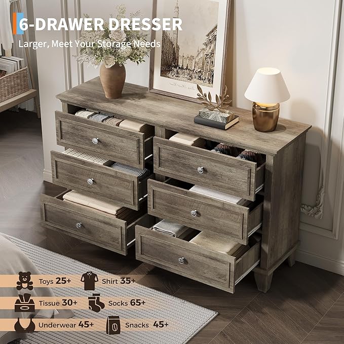 IDEALHOUSE 6 Drawer Dresser, Wooden Storage Chest of Drawers with Exquisite Metal Handles, Large Wide Dresser TV Stand, Modern Drawer Organizer for Bedroom, Living Room, Hallway, Entryway, Grey