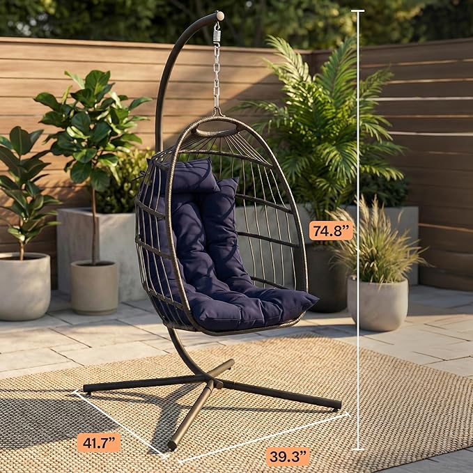 SereneLife Hanging Egg Chair with Stand - Indoor/Outdoor Swing Hammock Chair with Plush Washable Cushions & Headrest, 350LBS Capacity, Ideal for Relaxation in Bedrooms, Balconies, Gardens, and Patios